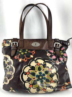 Fossil Key-per Coated Canvas Tote Shopping Bag Brown Floral Doodles 16" x 12"